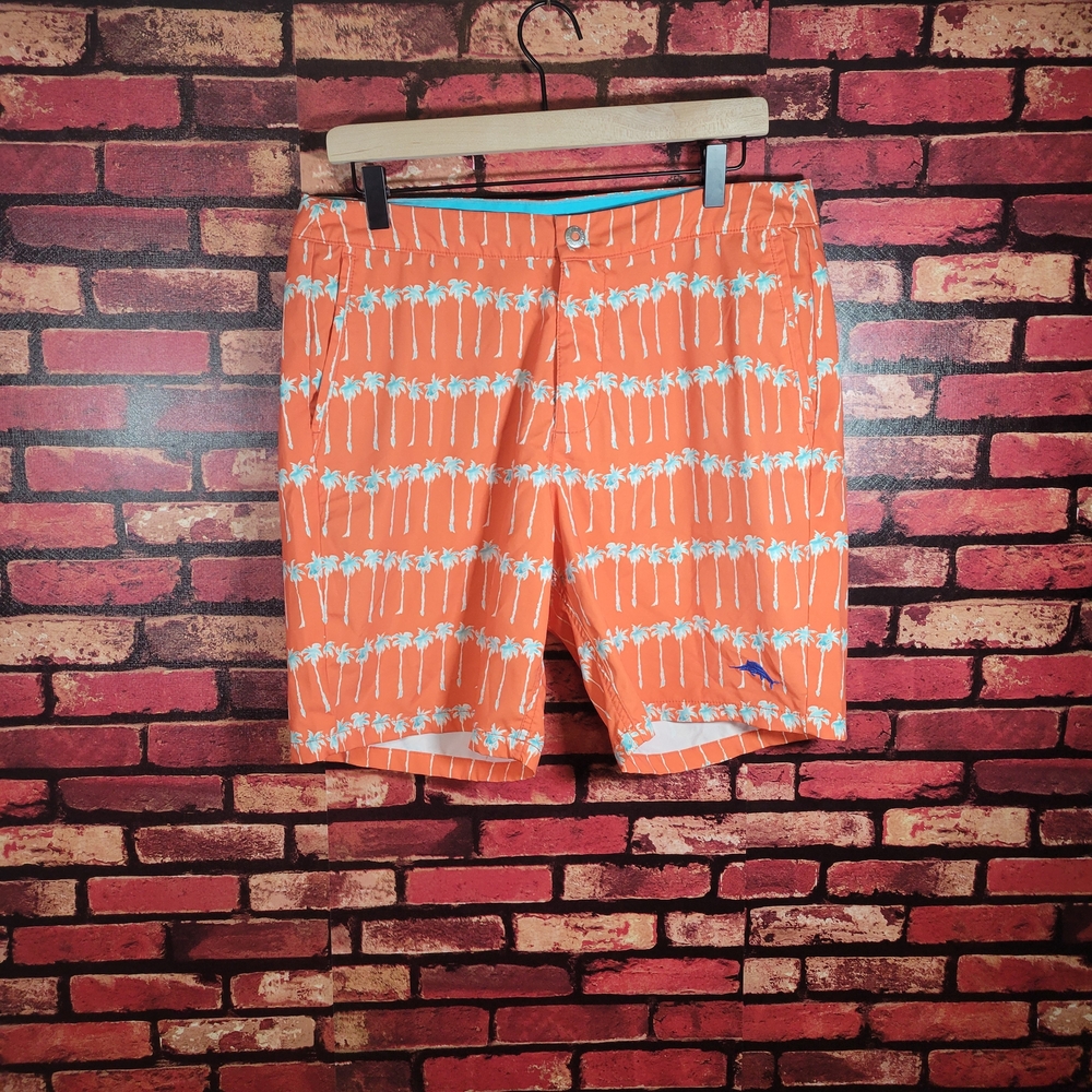 Tommy Bahama Vibrant Orange Swim Shorts with White Palm Design